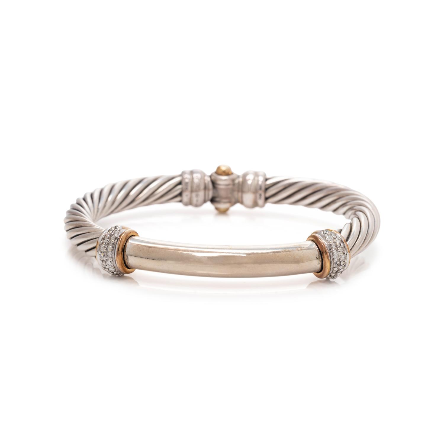 DAVID YURMAN, STERLING SILVER, YELLOW GOLD AND DIAMOND BANGLE BRACELET