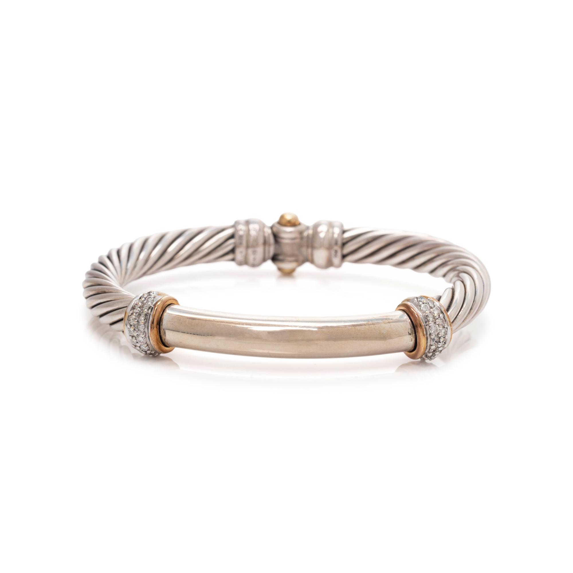 DAVID YURMAN, STERLING SILVER, YELLOW GOLD AND DIAMOND BANGLE BRACELET