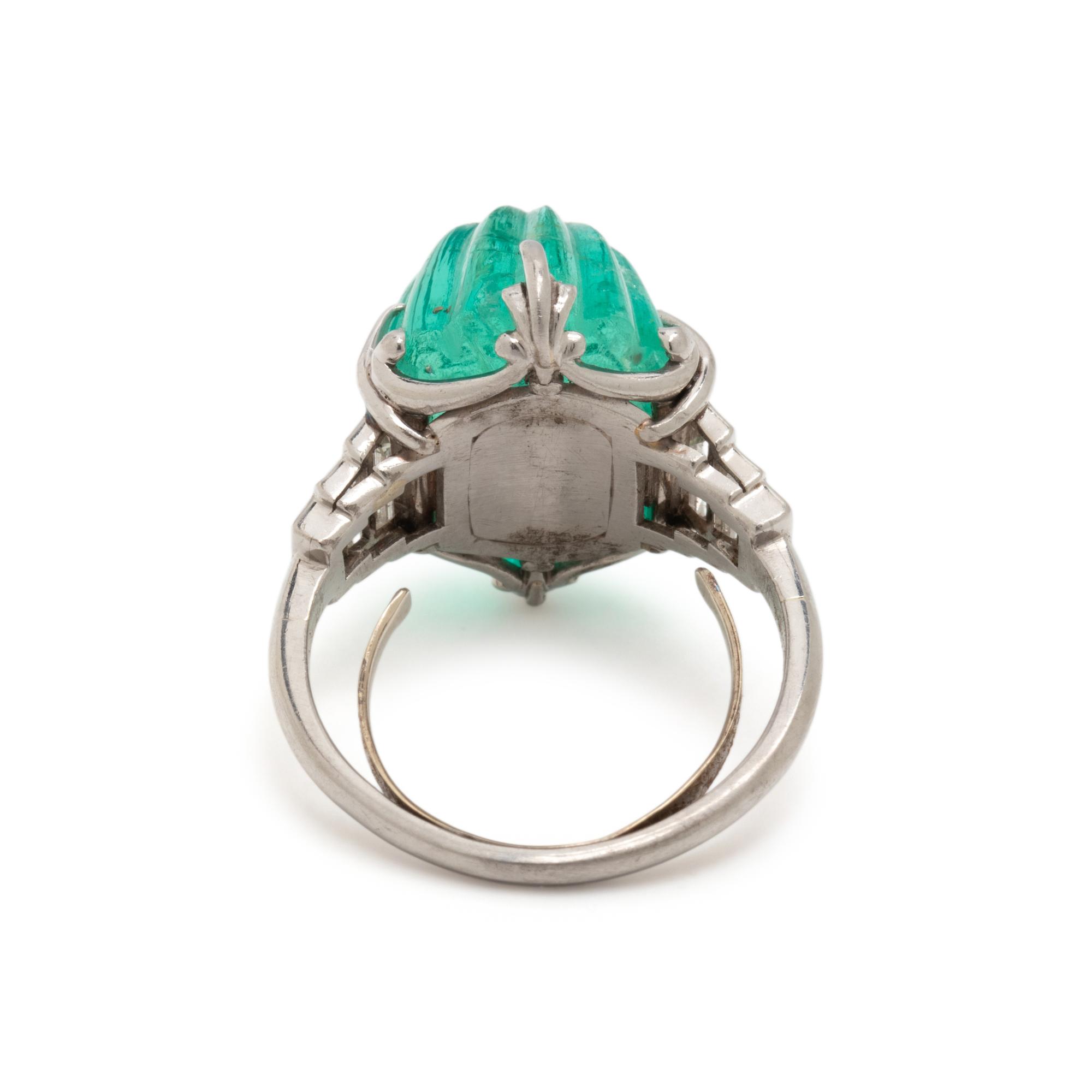 ART DECO, CARVED EMERALD AND DIAMOND RING