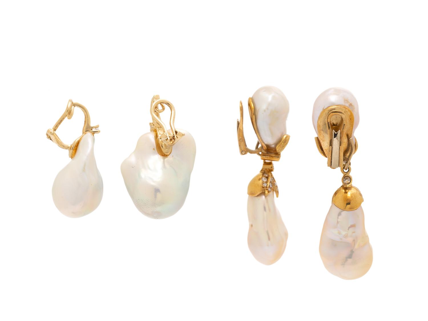 TWO PAIRS OF BAROQUE CULTURED PEARL, DIAMOND, AND YELLOW GOLD EARRINGS