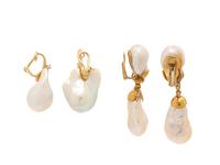 TWO PAIRS OF BAROQUE CULTURED PEARL, DIAMOND, AND YELLOW GOLD EARRINGS