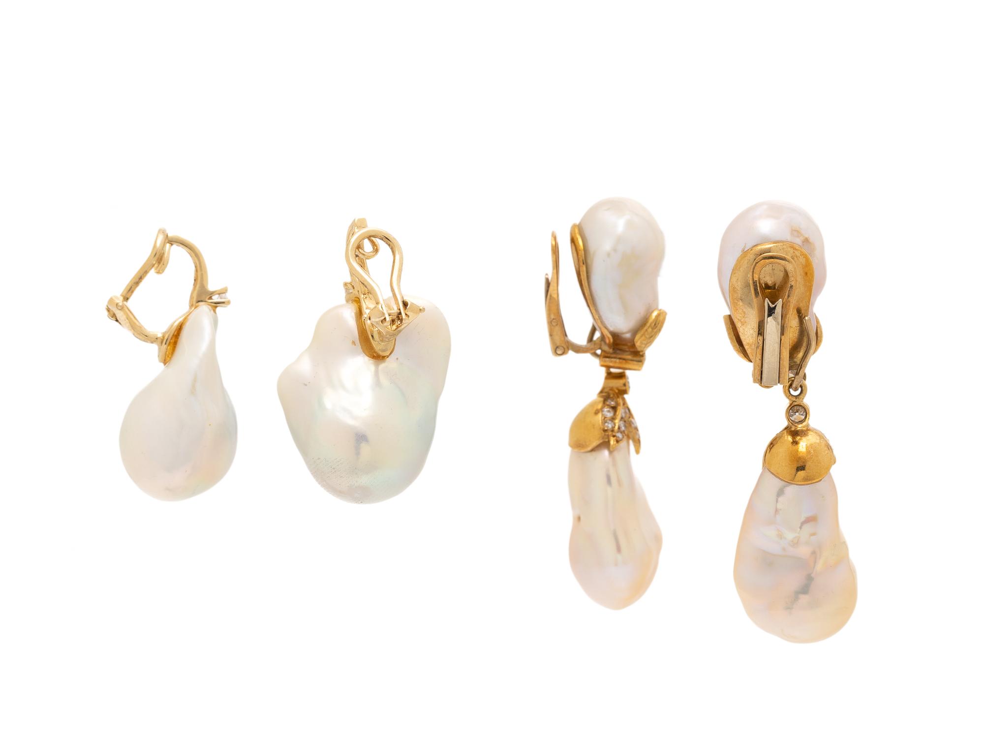 TWO PAIRS OF BAROQUE CULTURED PEARL, DIAMOND, AND YELLOW GOLD EARRINGS