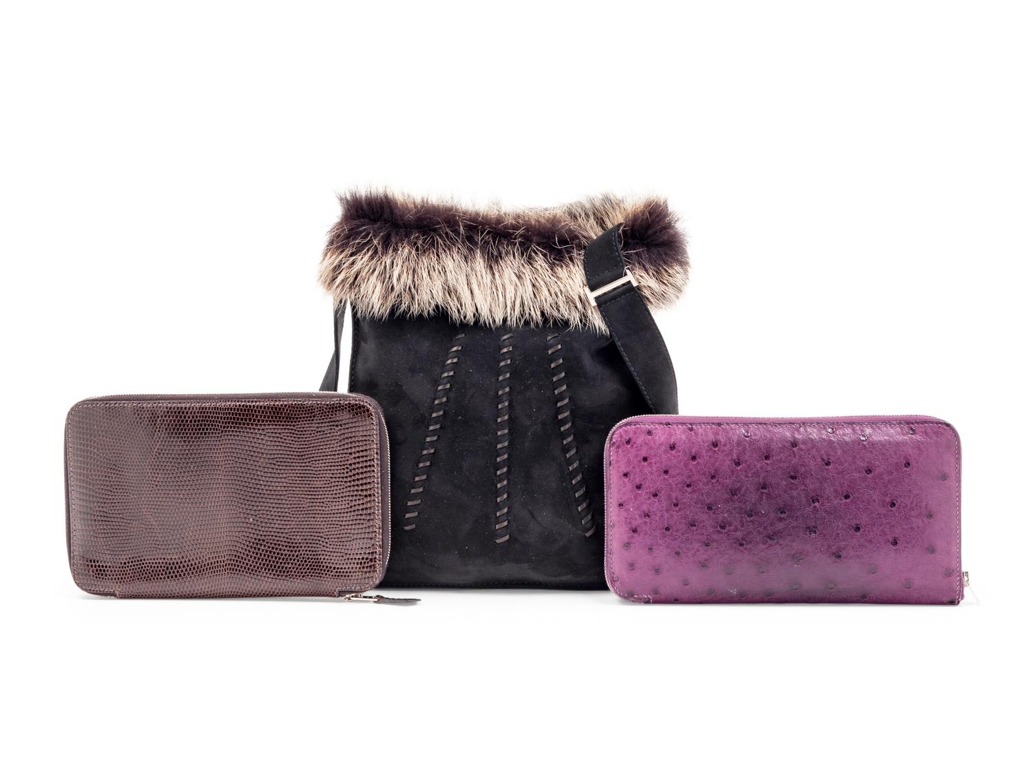 Three Hermès Pieces: One Suede and Fur Trimmed Bag and Two Wallets, 2007- 2010
