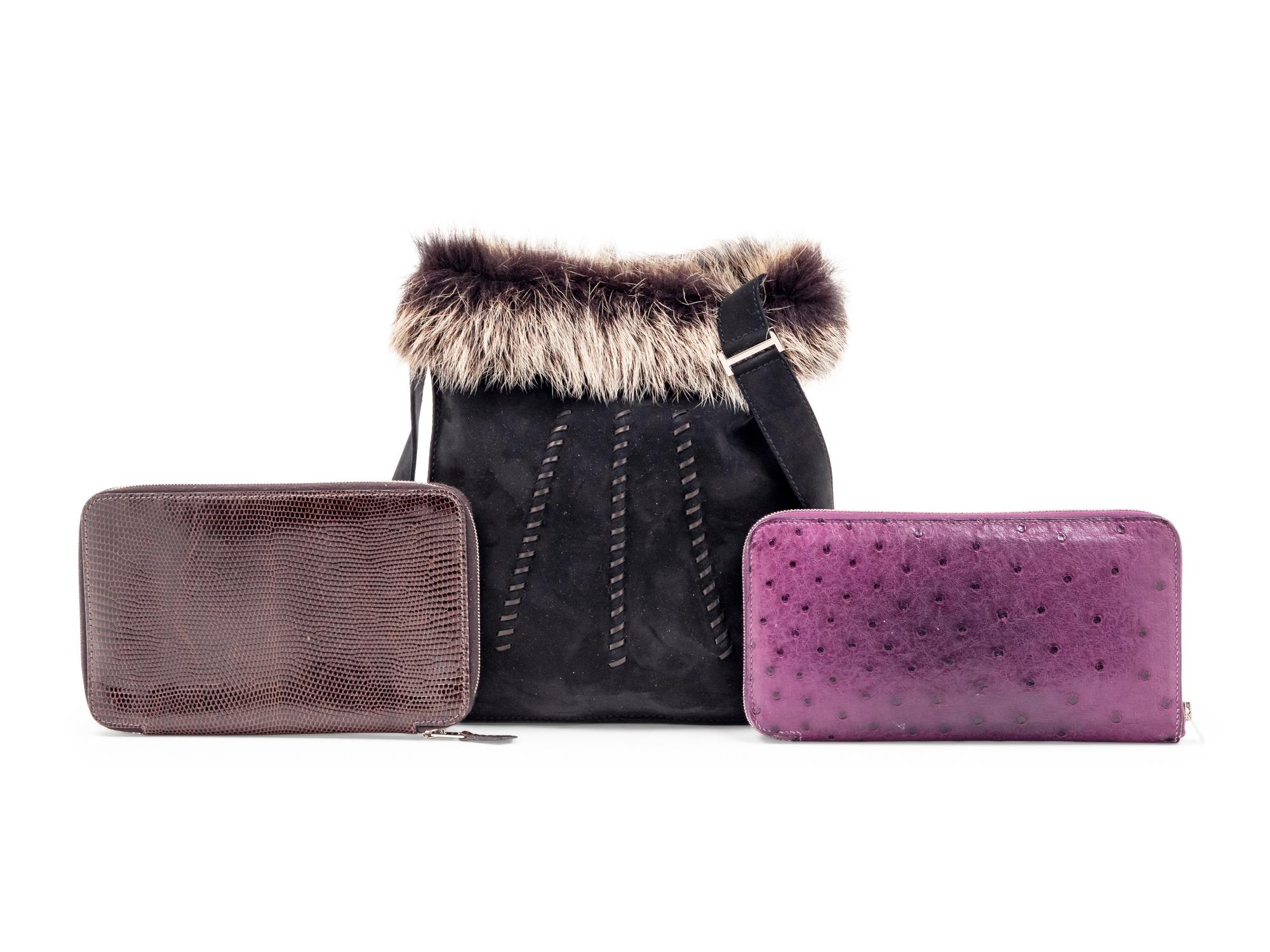 Three Hermès Pieces: One Suede and Fur Trimmed Bag and Two Wallets, 2007- 2010