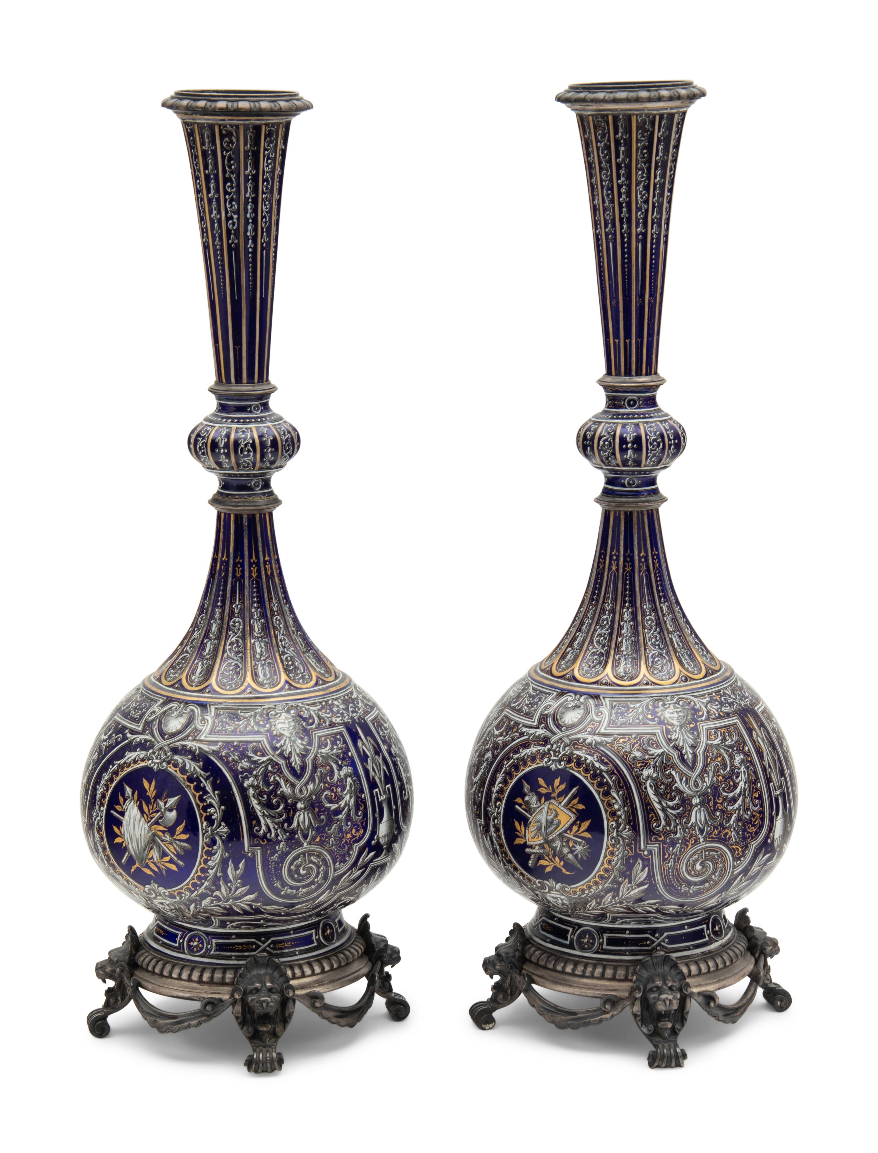 A Pair of Continental Gilt and Enameled Cobalt Glazed Porcelain Vases