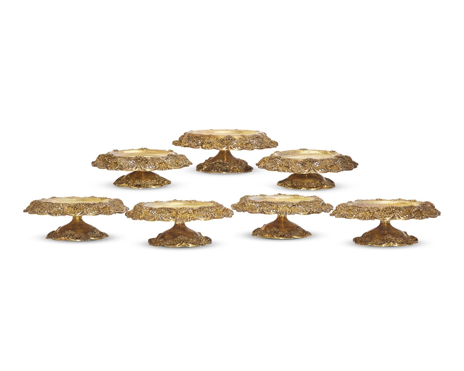 A Group Of Seven Gilt Floral Cast And Reticulated Sterling Silver Compotes