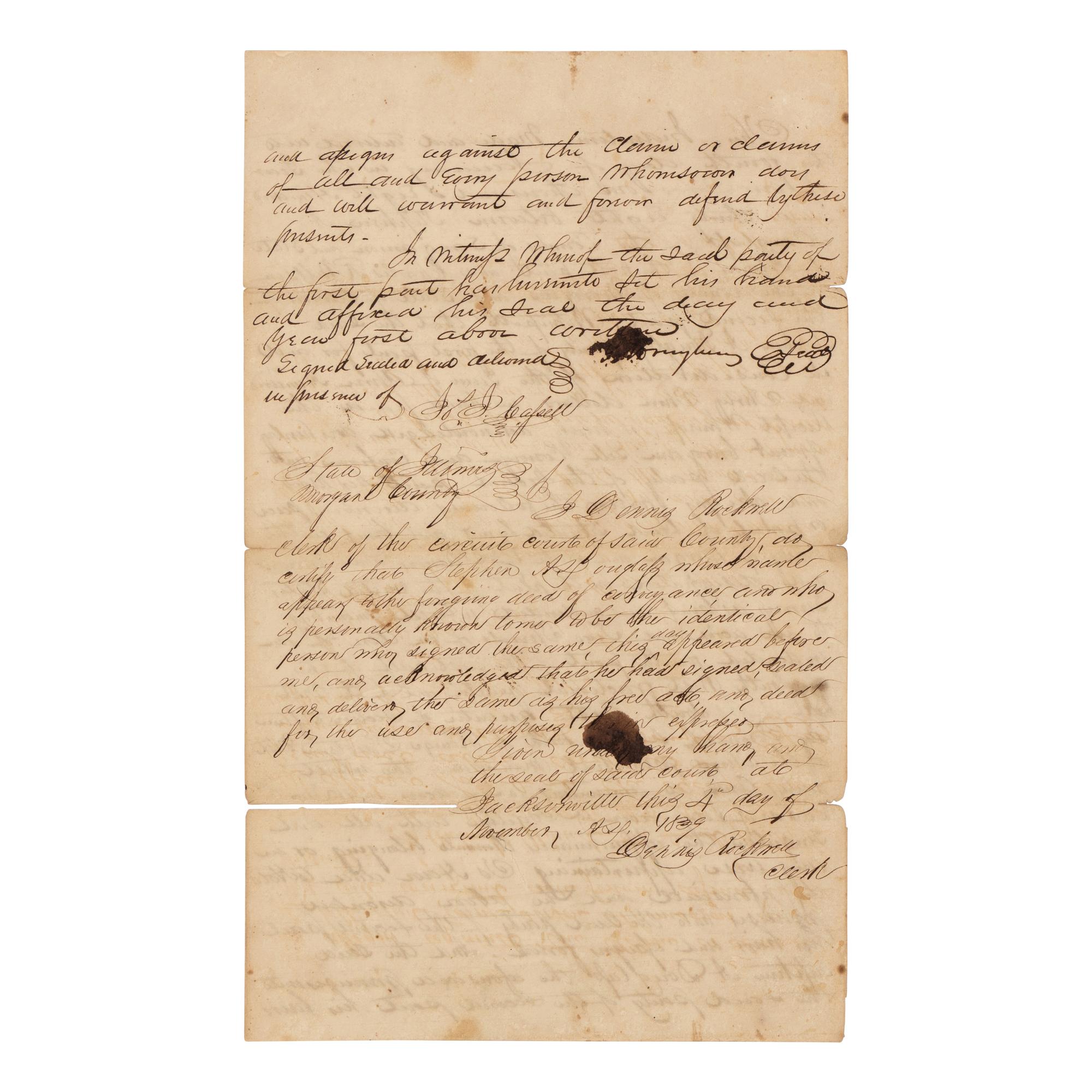DOUGLAS, Stephen Arnold (1813-1861). A group of 14 documents and letters relating to Douglas's legal and political career, ca 1834-1857, comprising: