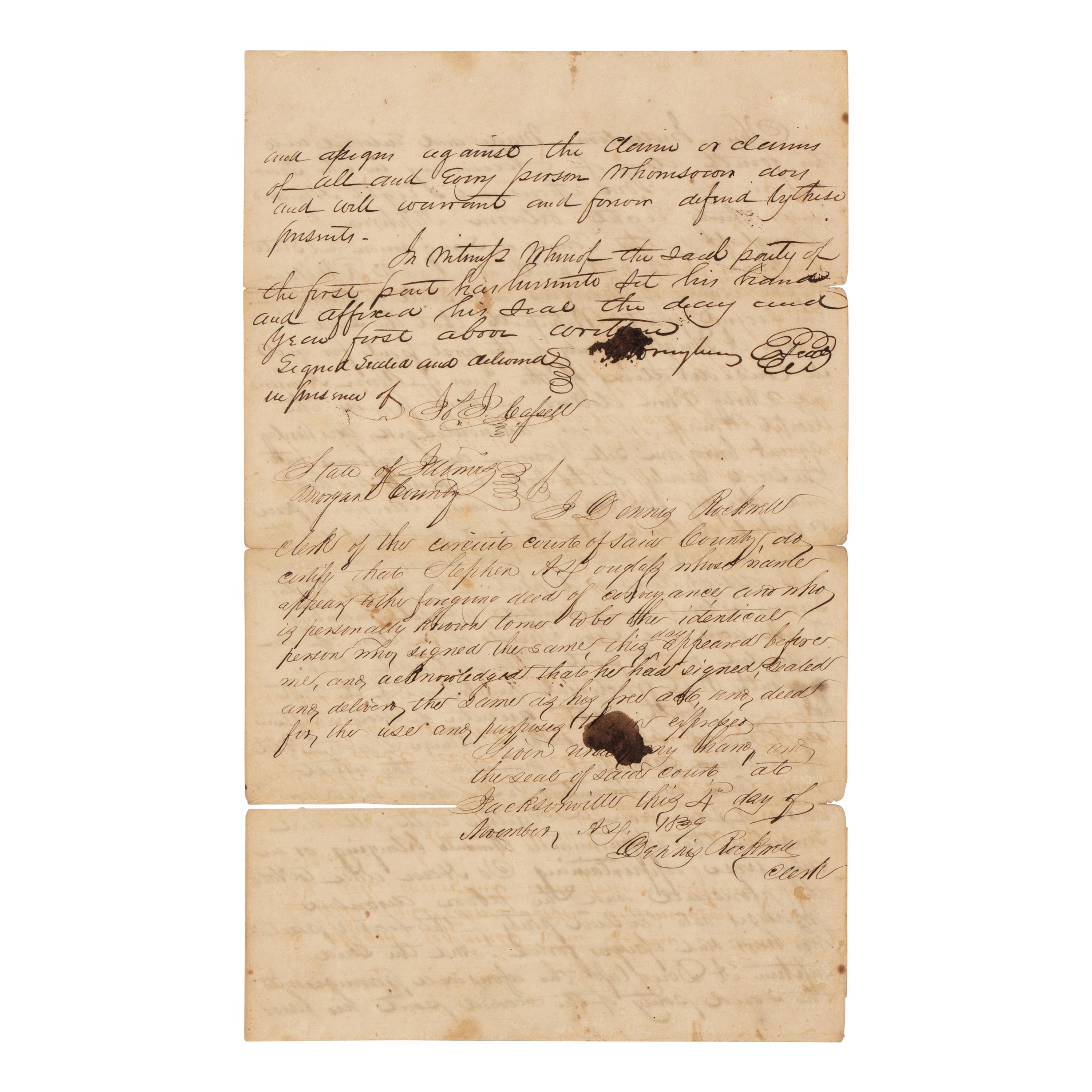 DOUGLAS, Stephen Arnold (1813-1861). A group of 14 documents and letters relating to Douglas's legal and political career, ca 1834-1857, comprising: