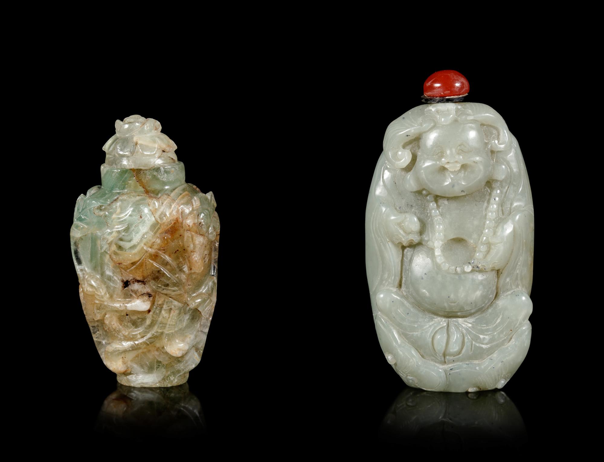 Two Chinese Jade and Jadeite Snuff Bottles
