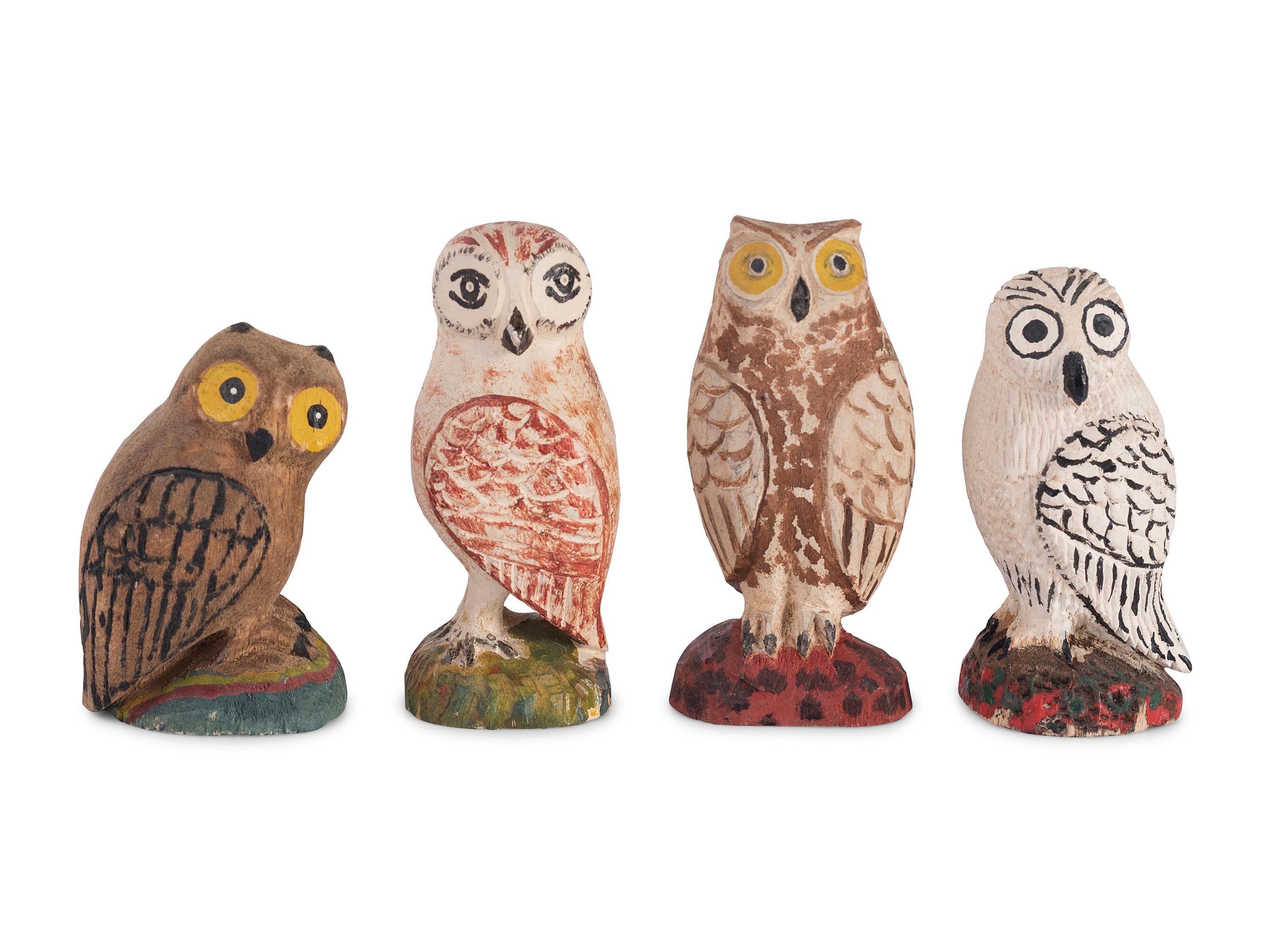A Group of Painted Folk Art Owl Carvings