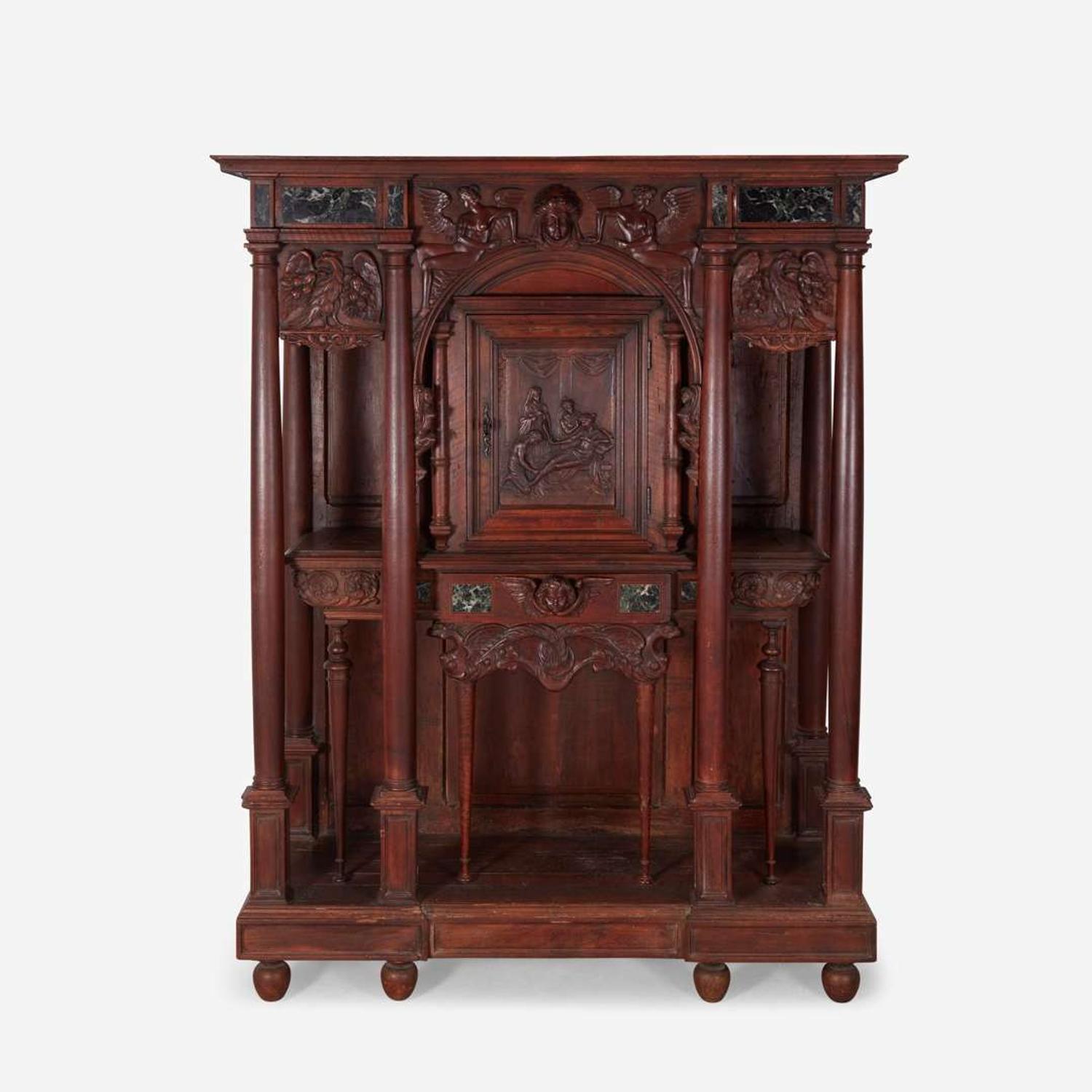 A French Renaissance Marble-Inlaid Walnut meuble a deux corps in the style of Jacques I Androuet du Cerceau (French, 1510–1584), 16th century and later