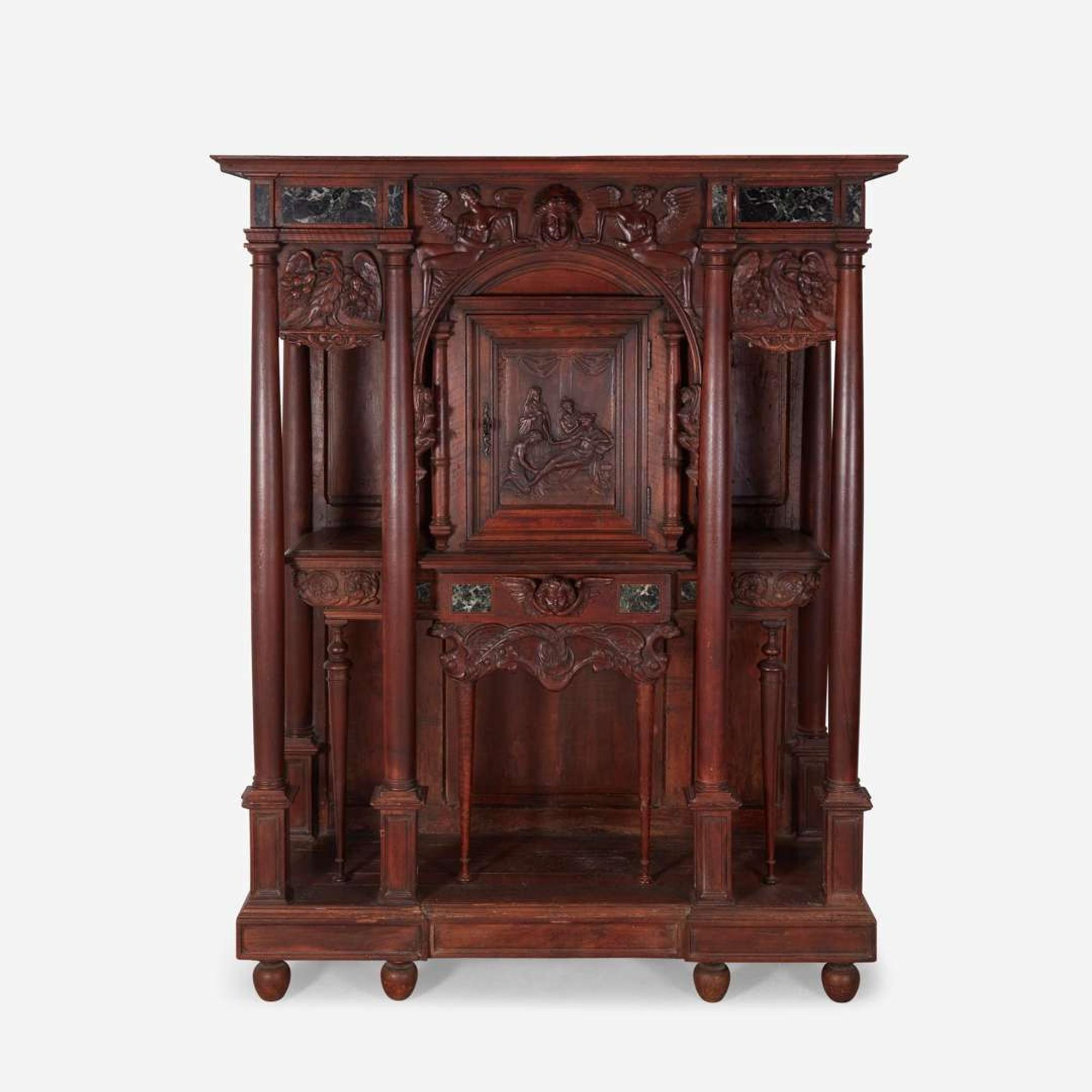 A French Renaissance Marble-Inlaid Walnut meuble a deux corps in the style of Jacques I Androuet du Cerceau (French, 1510–1584), 16th century and later