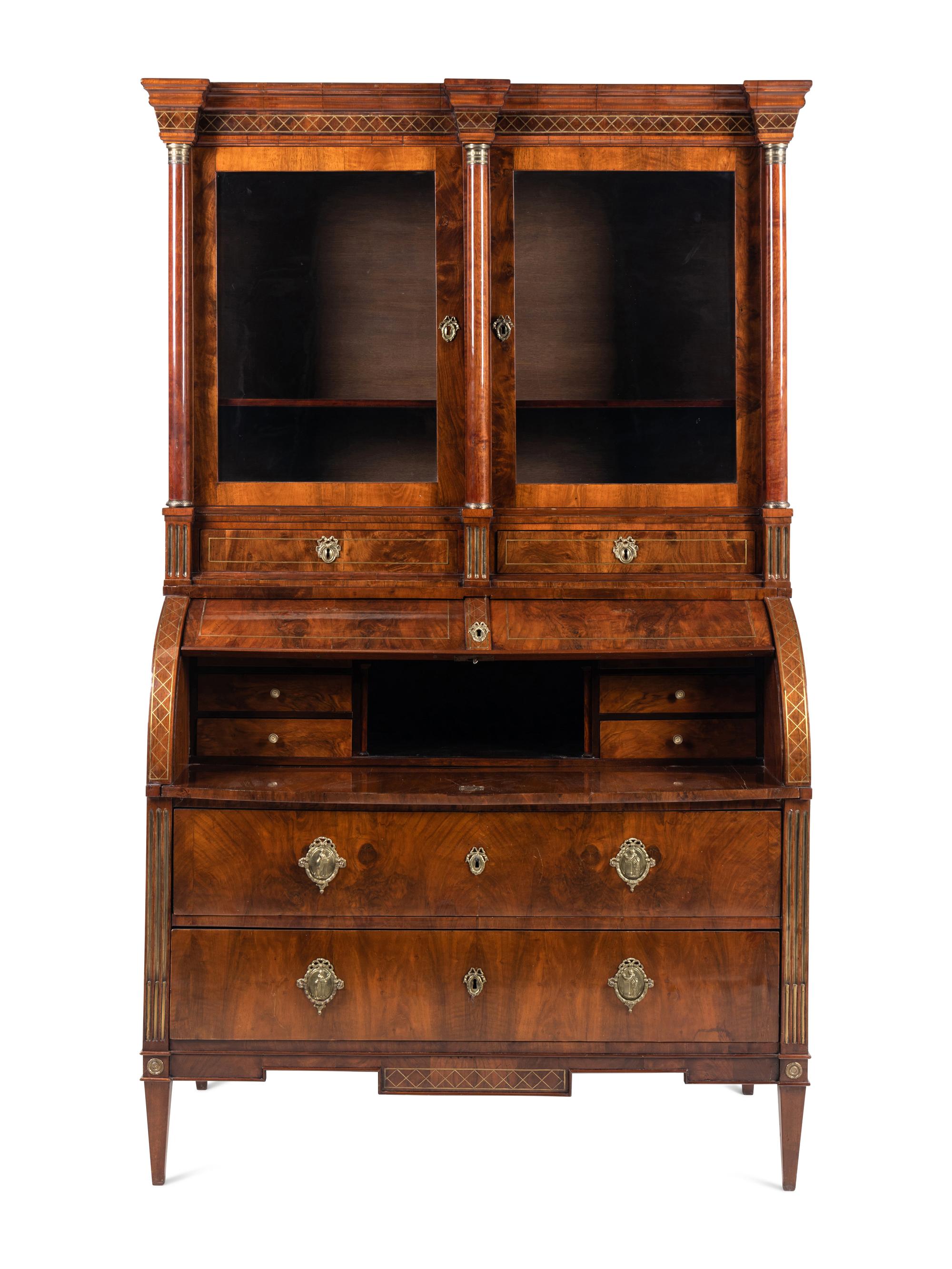 A Russian Neoclassical Brass-Inlaid Walnut Bureau Bookcase