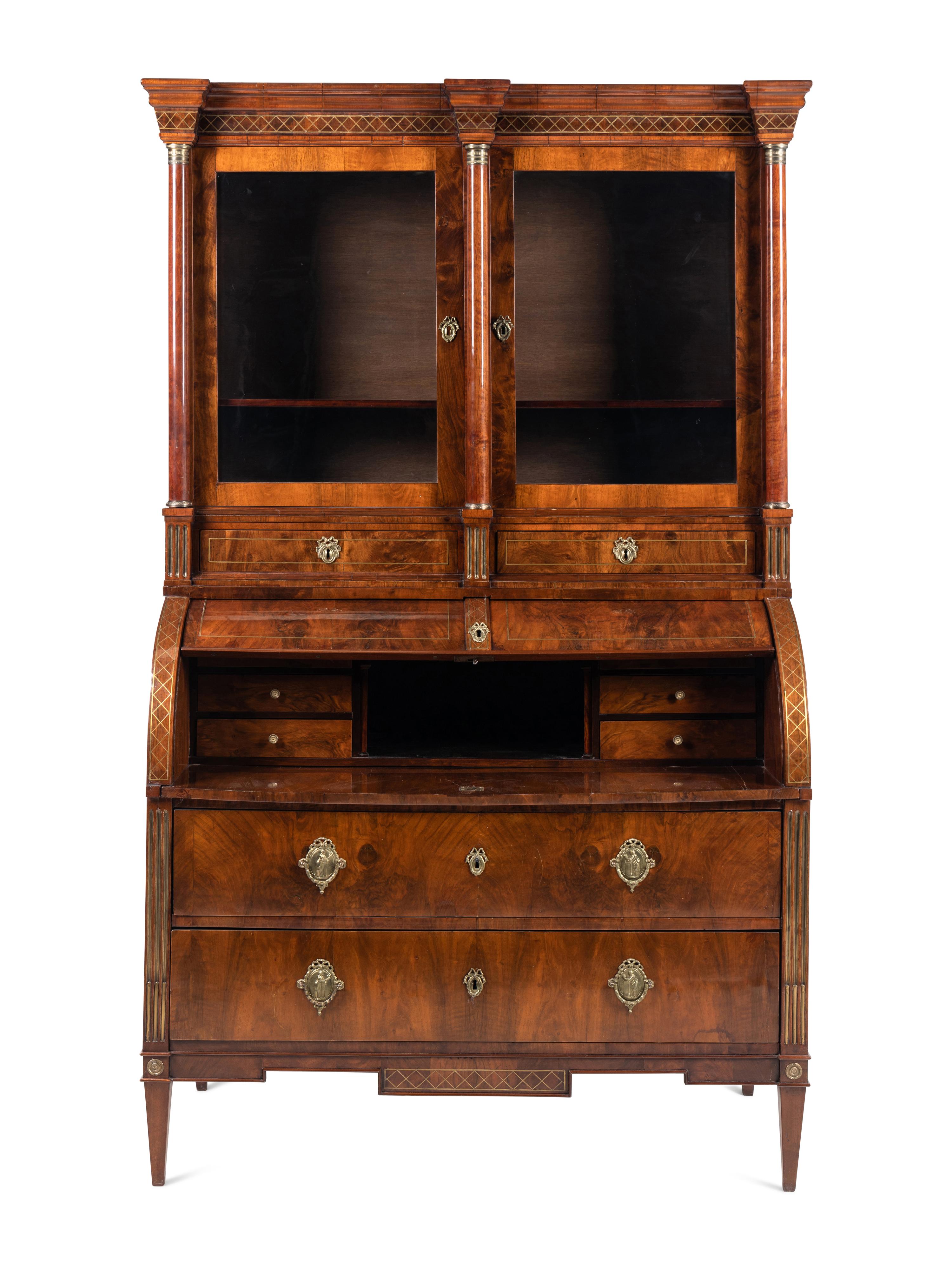 A Russian Neoclassical Brass-Inlaid Walnut Bureau Bookcase