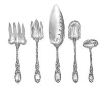 A Set of Five American Silver Serving Articles, Tiffany & Co., New York, NY, 1907-1947, Chrysanthemum pattern, comprising a sauce ladle