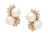 A Pair of Yellow Gold, Cultured Pearl and Diamond Earclips,