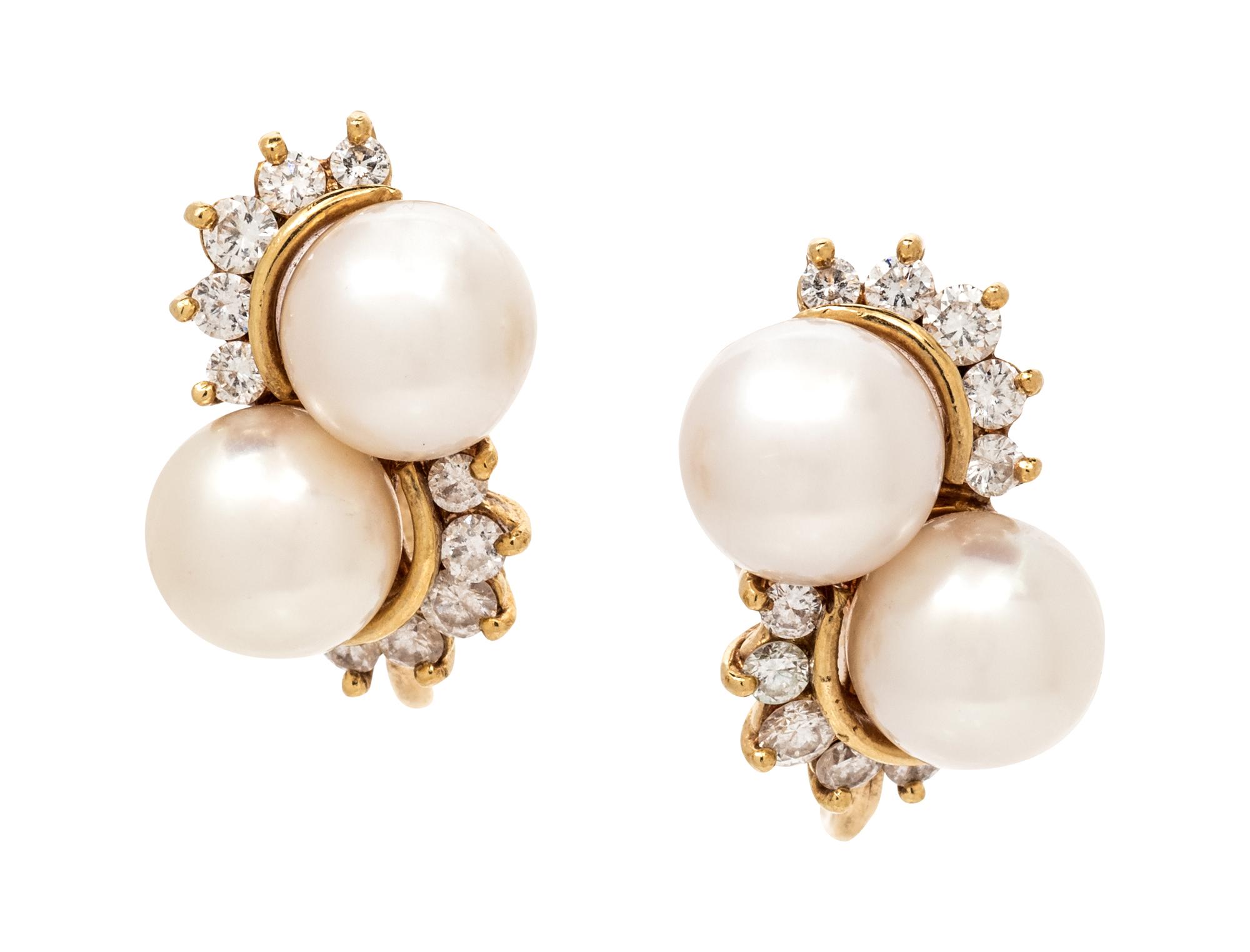 A Pair of Yellow Gold, Cultured Pearl and Diamond Earclips,