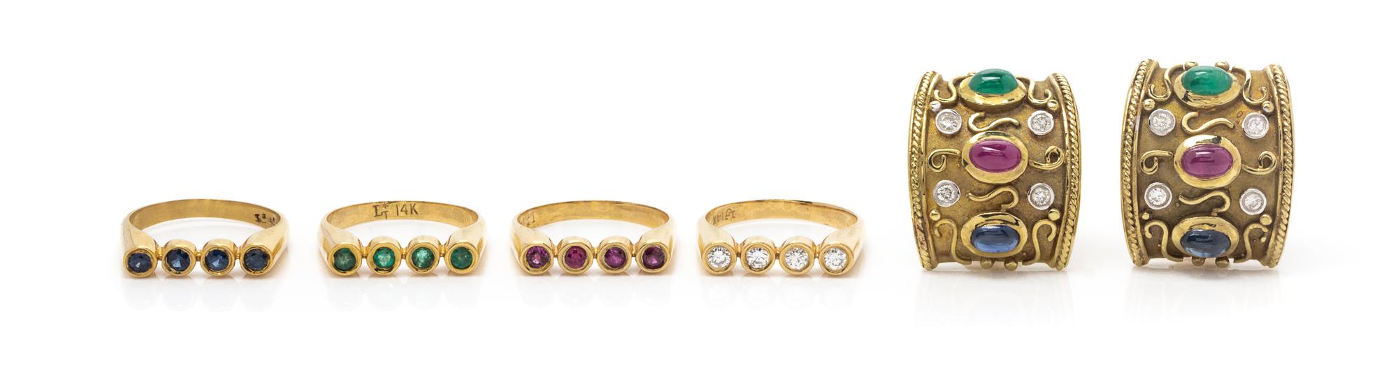A Collection of 14 Karat Yellow Gold, Diamond and Multigem Jewelry, 20.30 dwts.