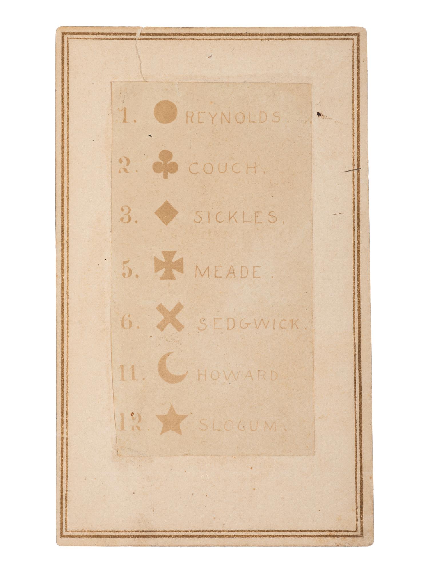 GARDNER, Alexander, photographer. CDV of Army of the Potomac corps insignia and corresponding commanders. Washington, DC: [ca 1861-63]. With civilian letter and cover.