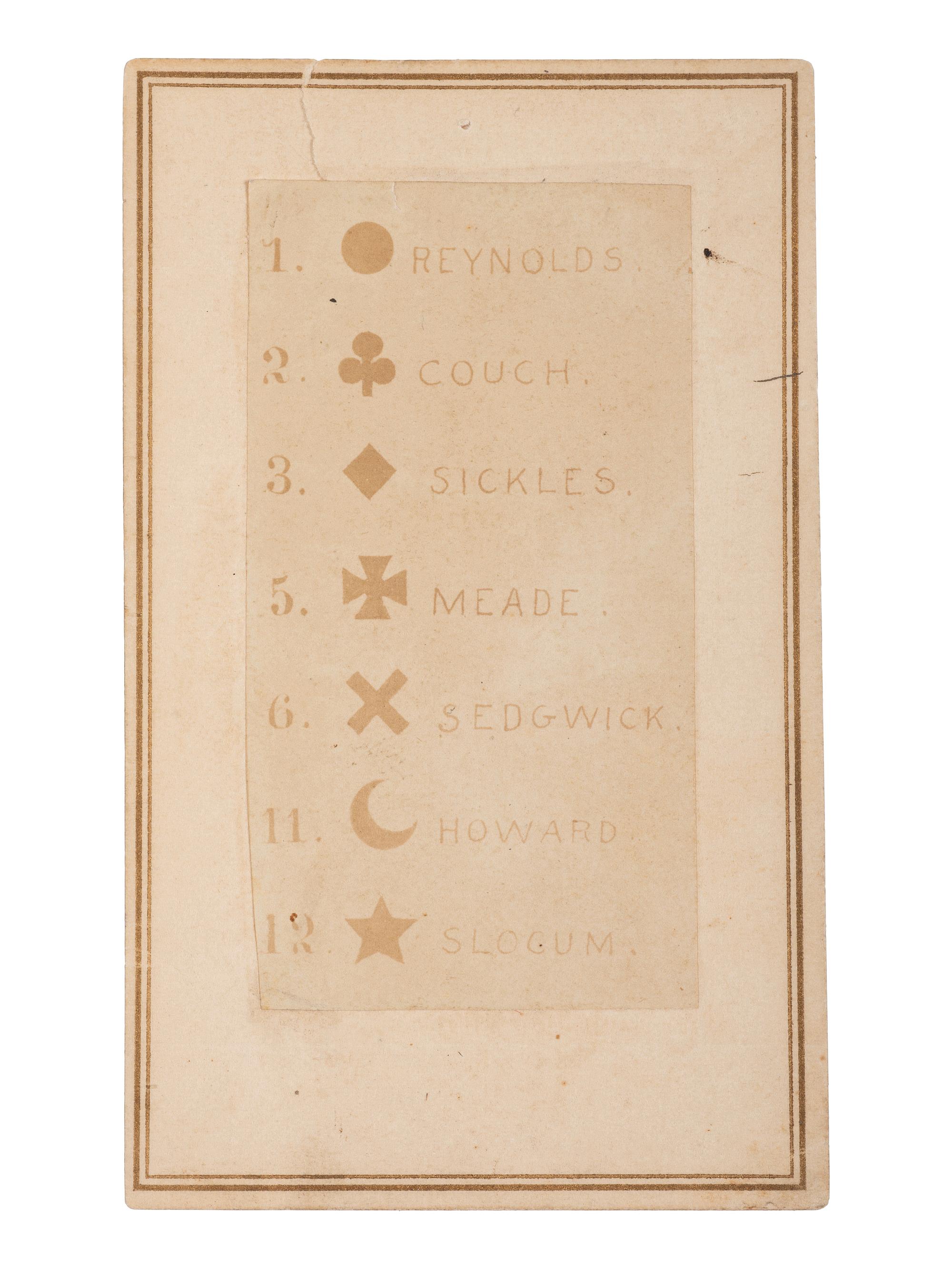 GARDNER, Alexander, photographer. CDV of Army of the Potomac corps insignia and corresponding commanders. Washington, DC: [ca 1861-63]. With civilian letter and cover.