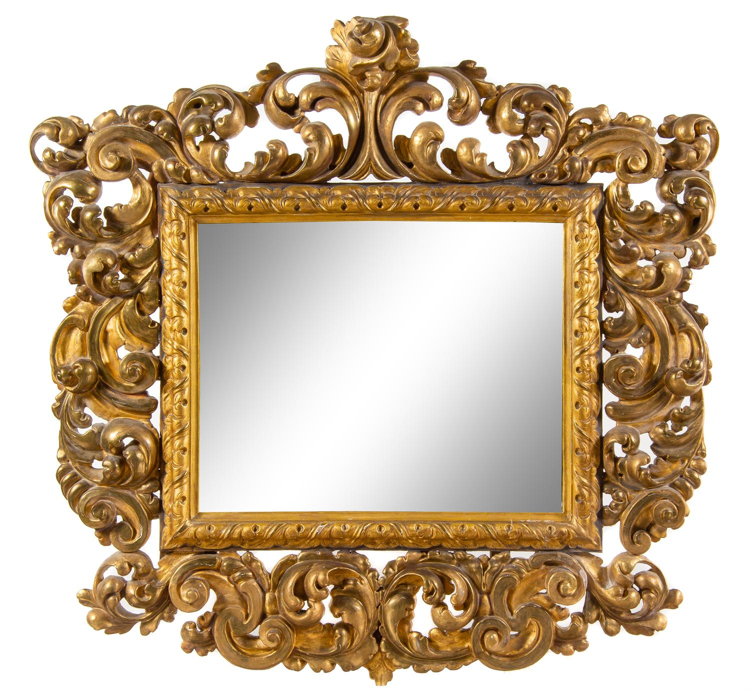 An Italian Baroque Style Giltwood Mirror Height 51 x width 52 inches. — 19TH CENTURY