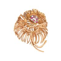 YELLOW GOLD AND RUBY FLOWER BROOCH