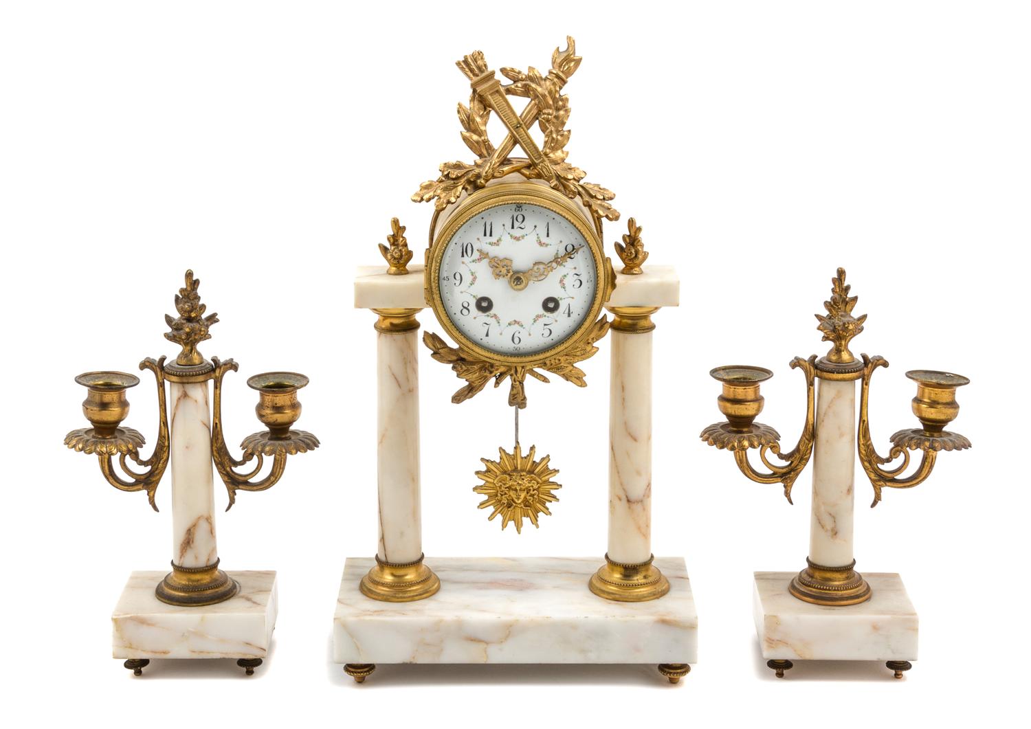 An Empire Style Gilt Bronze Mounted Marble Clock Garniture Height of clock 15 inches. — EARLY 20TH CENTURY