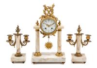 An Empire Style Gilt Bronze Mounted Marble Clock Garniture Height of clock 15 inches. — EARLY 20TH CENTURY