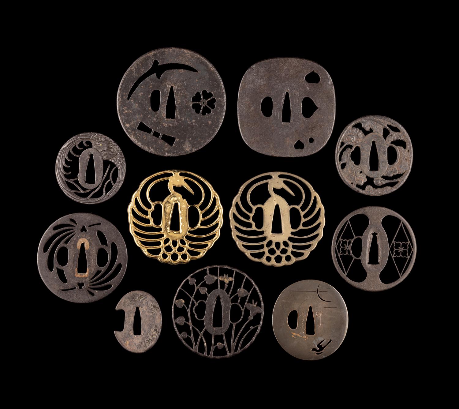 11 Japanese Cast Iron and Brass Tsuba