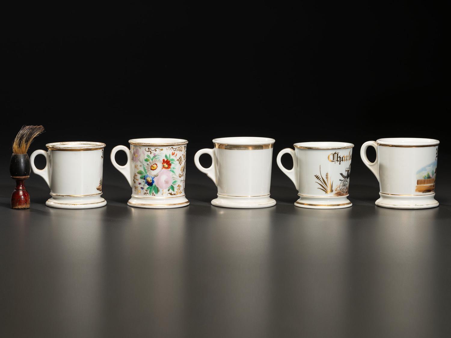 Five Porcelain Occupational Shaving Mugs Depicting Buggies and Carriages