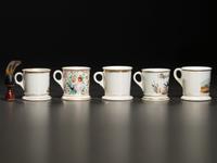 Five Porcelain Occupational Shaving Mugs Depicting Buggies and Carriages
