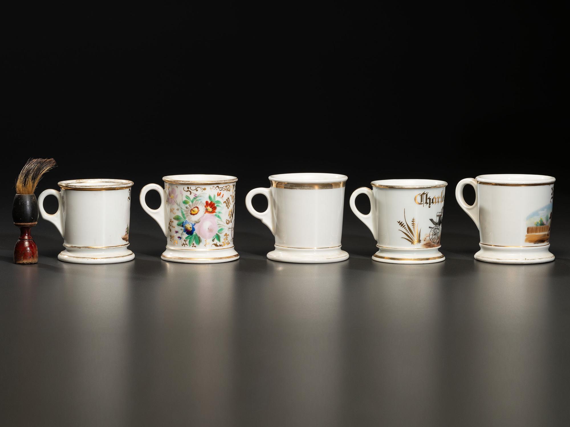 Five Porcelain Occupational Shaving Mugs Depicting Buggies and Carriages