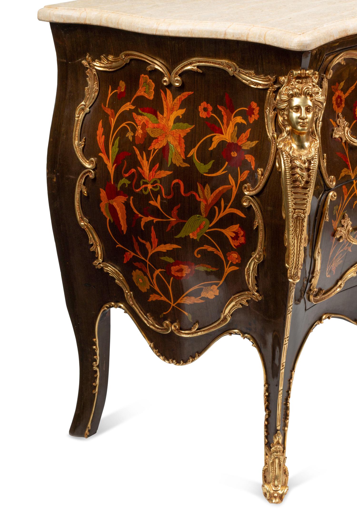 A Pair of Louis XV Style Marquetry and Gilt Bronze Mounted Marble-Top Commodes