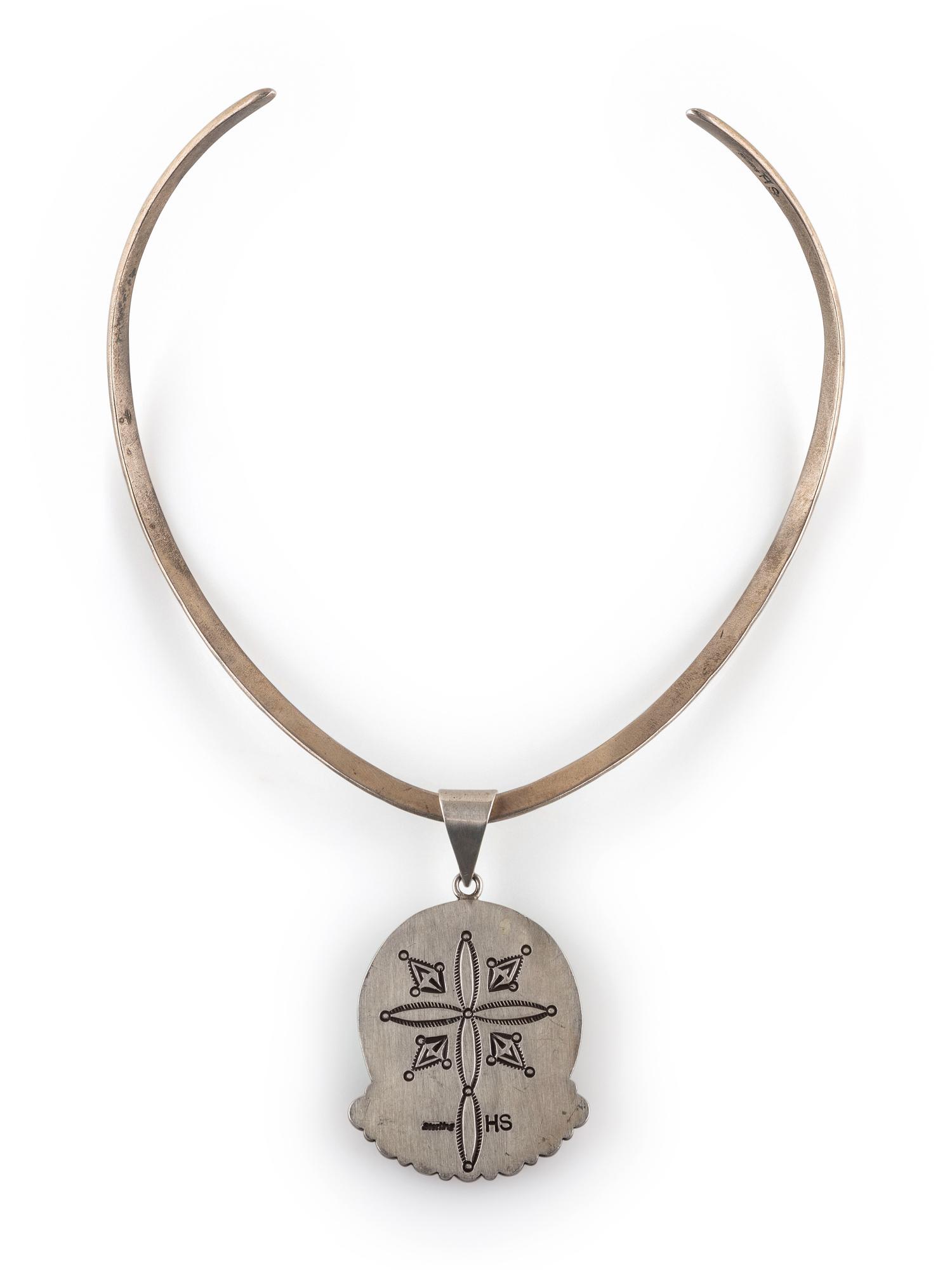 Stamped Sterling Silver Collar, with Turquoise and Coral Pendant