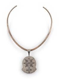 Stamped Sterling Silver Collar, with Turquoise and Coral Pendant