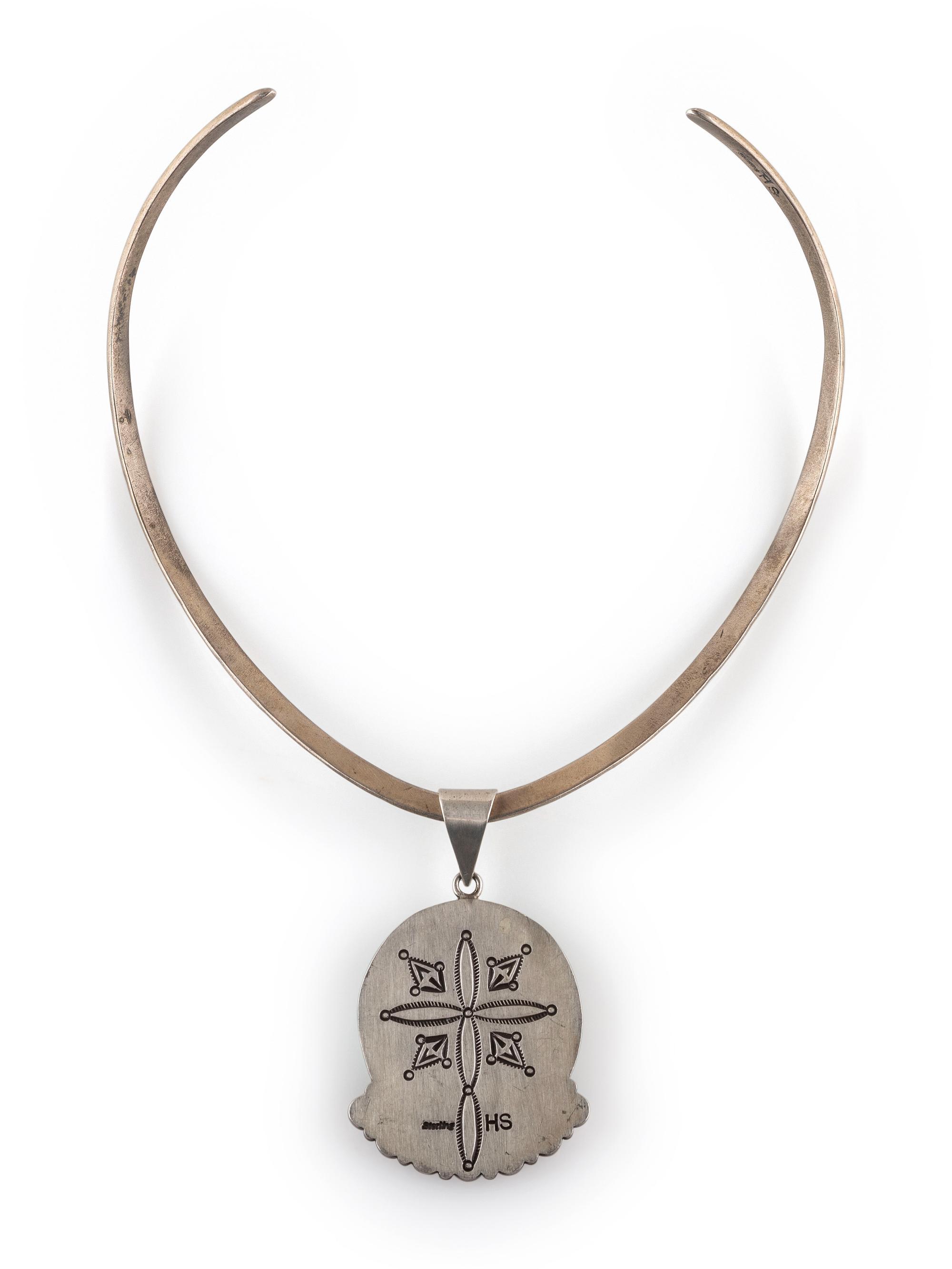 Stamped Sterling Silver Collar, with Turquoise and Coral Pendant