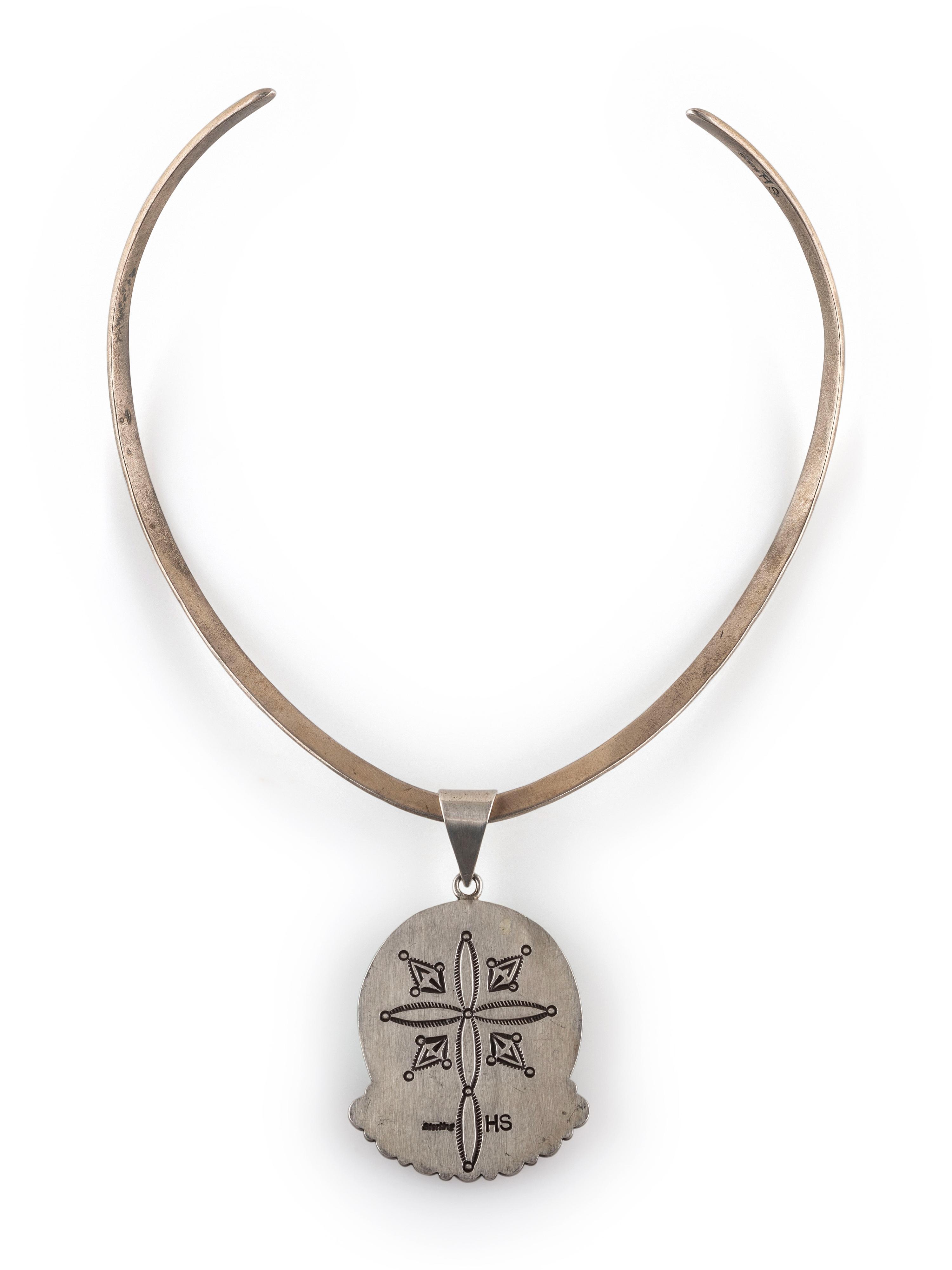 Stamped Sterling Silver Collar, with Turquoise and Coral Pendant