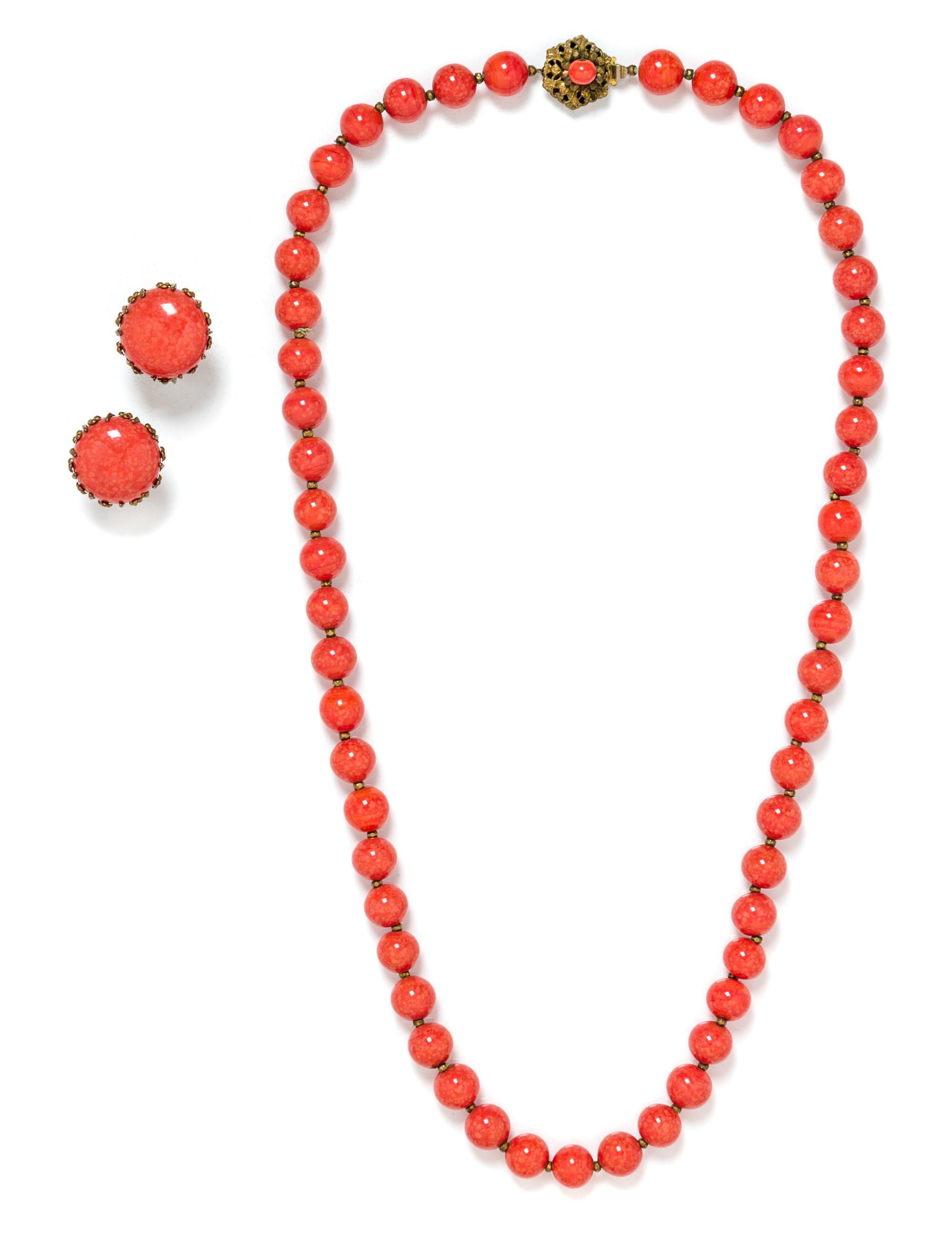 A Miriam Haskell Coral Bead Demi Parure, Necklace 24", earclip .5".