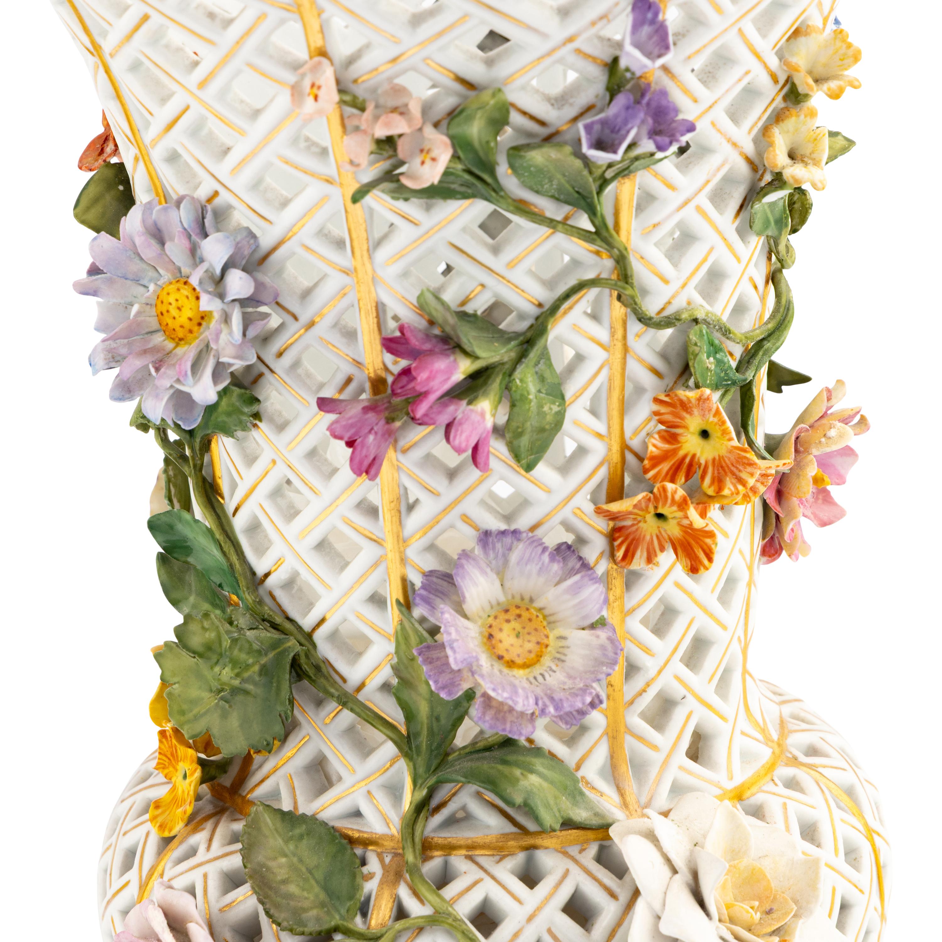 A Pair of Meissen Reticulated Floral Vases