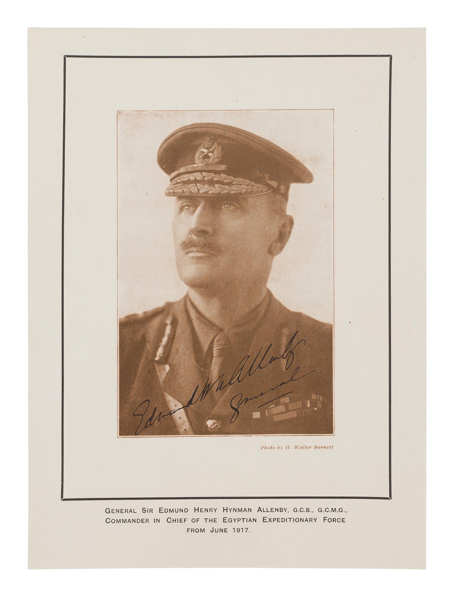 [LAWRENCE, T. E.] -- ALLENBY, Edmund Henry Hynman, 1st Viscount Allenby of Megiddo (1861-1936). Photographic print portrait of Allenby in his military uniform, photo by H. Walter Barnett, signed “Edmund H. Allenby / General”. [N.d., ca 1917]. With caption Commander in Chief of the Egyptian Expeditionary Force from June 1917.