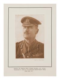 [LAWRENCE, T. E.] -- ALLENBY, Edmund Henry Hynman, 1st Viscount Allenby of Megiddo (1861-1936). Photographic print portrait of Allenby in his military uniform, photo by H. Walter Barnett, signed “Edmund H. Allenby / General”. [N.d., ca 1917]. With caption Commander in Chief of the Egyptian Expeditionary Force from June 1917.