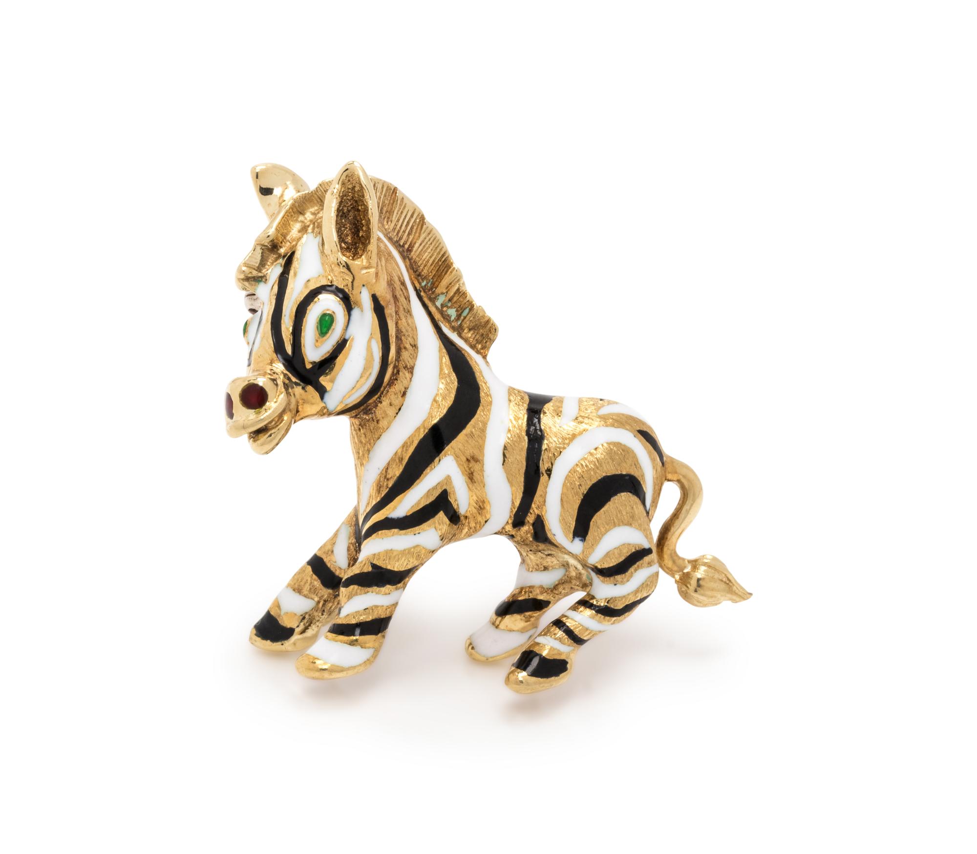 YELLOW GOLD AND POLYCHROME ENAMEL ZEBRA BROOCH