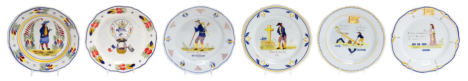 A Group of Six Quimper Pottery Plates Diameter 10 1/4 inches.