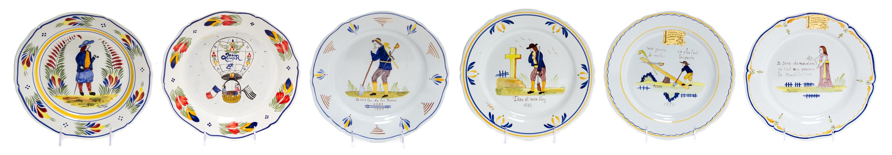A Group of Six Quimper Pottery Plates Diameter 10 1/4 inches.