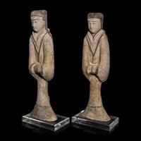 A Pair of Chinese Painted Pottery Figures of Attendants, Han Dynasty — 漢 陶加彩侍女俑一對