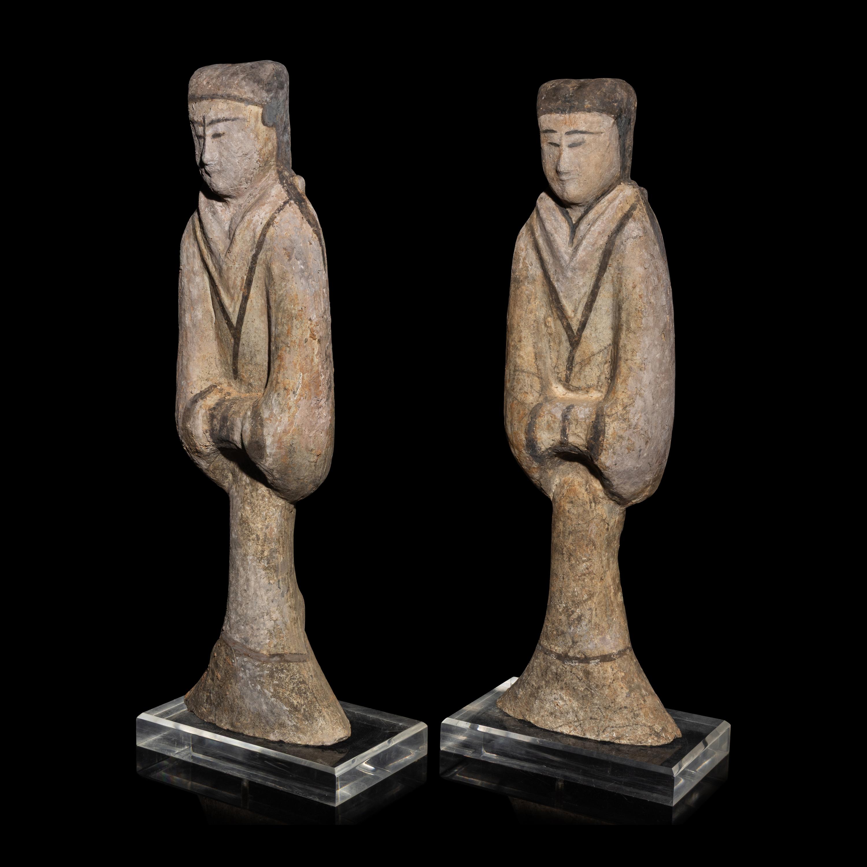 A Pair of Chinese Painted Pottery Figures of Attendants, Han Dynasty — 漢 陶加彩侍女俑一對