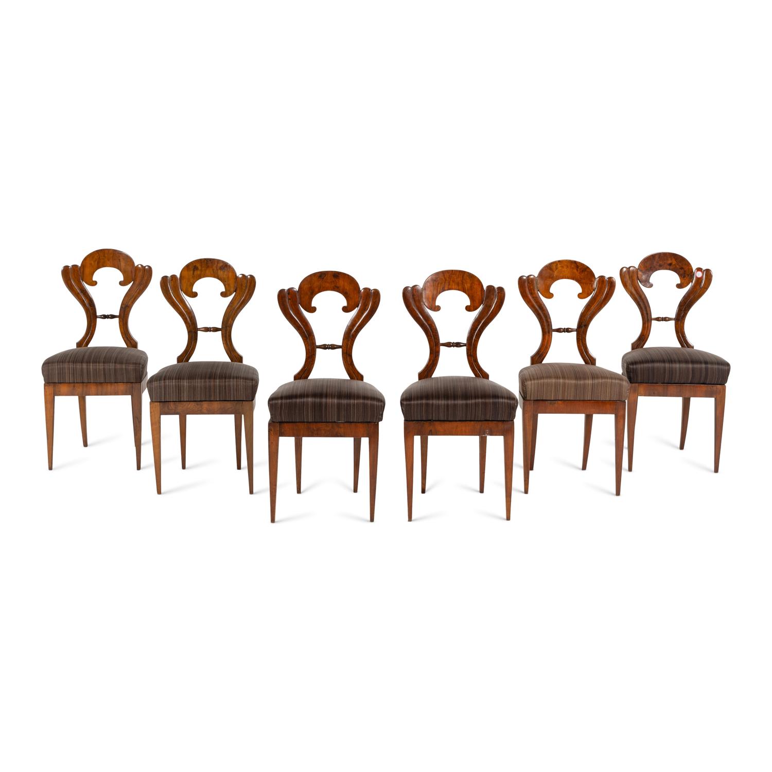 A Set of Six Biedermeier Burl Walnut Side Chairs