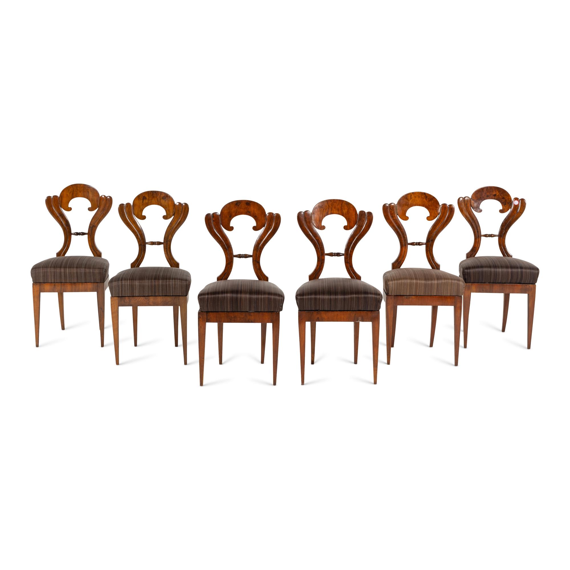 A Set of Six Biedermeier Burl Walnut Side Chairs