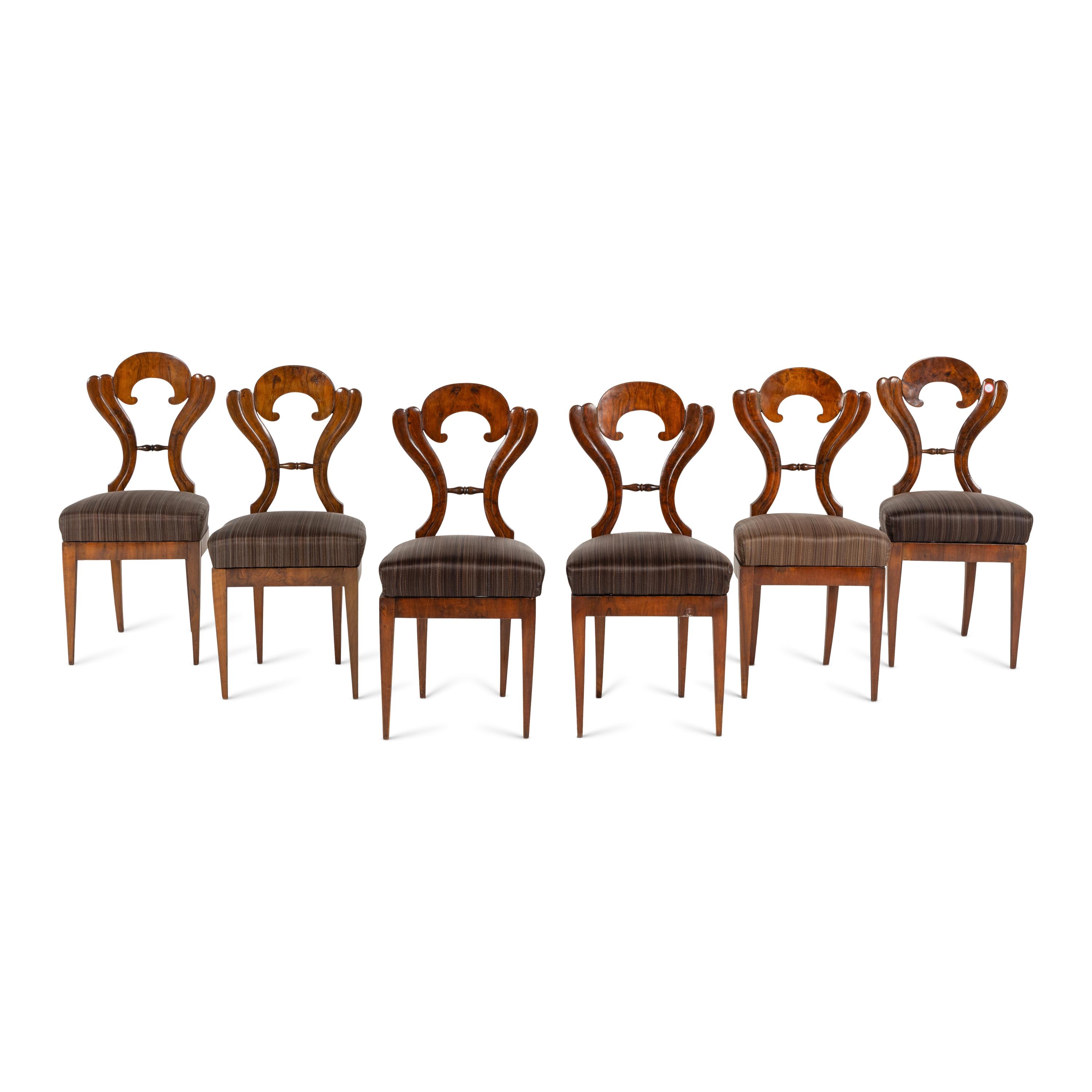 A Set of Six Biedermeier Burl Walnut Side Chairs