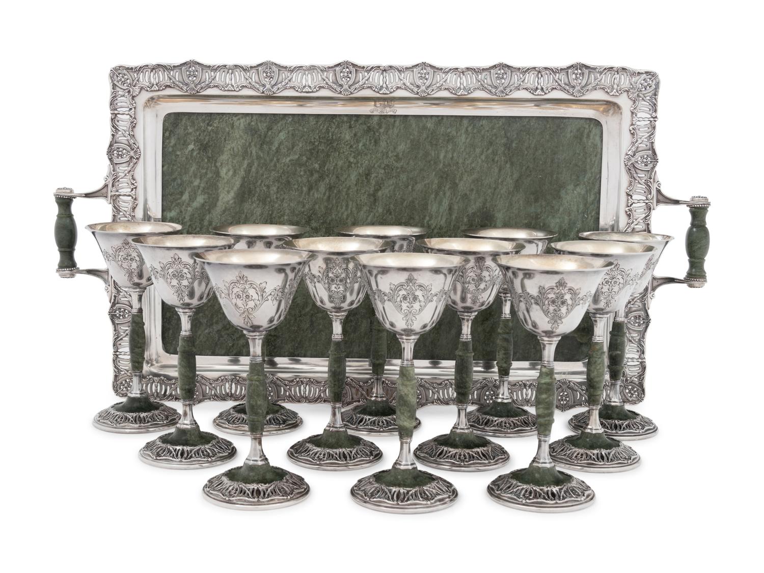 A Set of Twelve American Silver and Hardstone Goblets with Tray